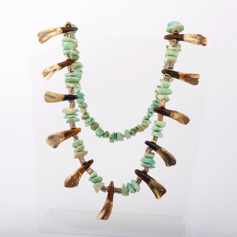 Wild Man (or Woman) Turquoise, trade bead, wampum bead and buffalo tooth necklace