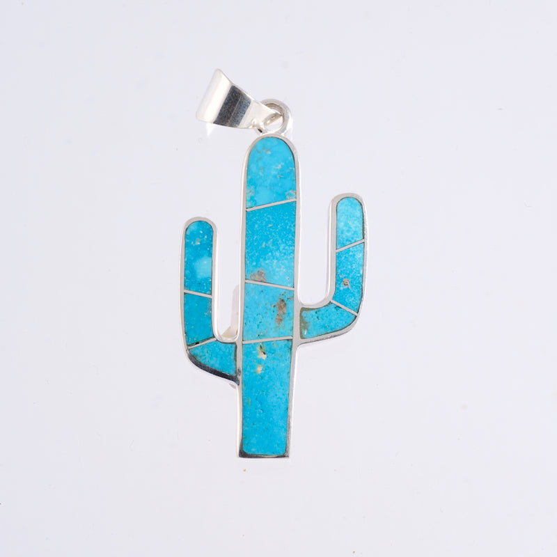 Silver Pearl Ranch - Pendant Kingman Turquoise Cactus  Sterling Silver With Inlay Turquoise