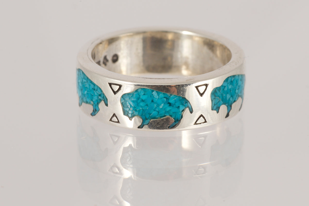 Sterling Silver and Inlaid Turquoise Bison Men's Ring
