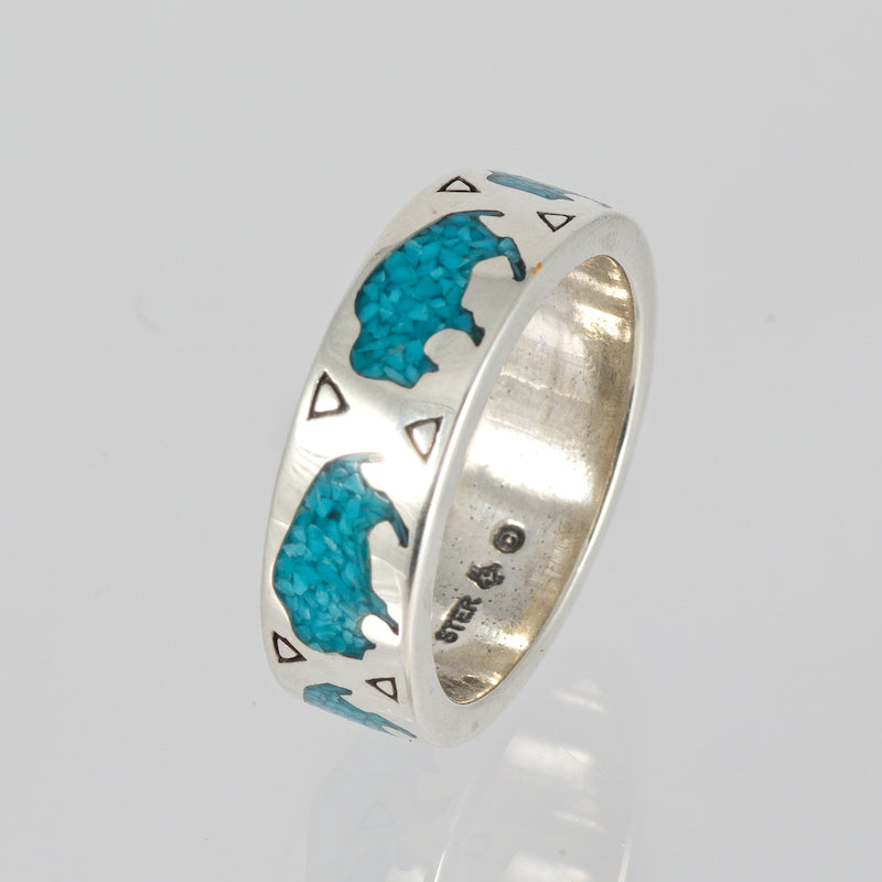 Sterling Silver and Inlaid Turquoise Bison Men's Ring