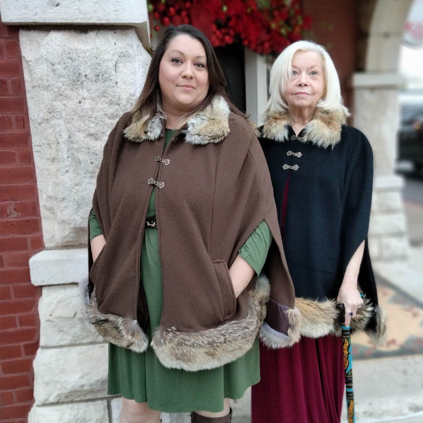 Woven Bison Cloth Cape with red fox collar and trim