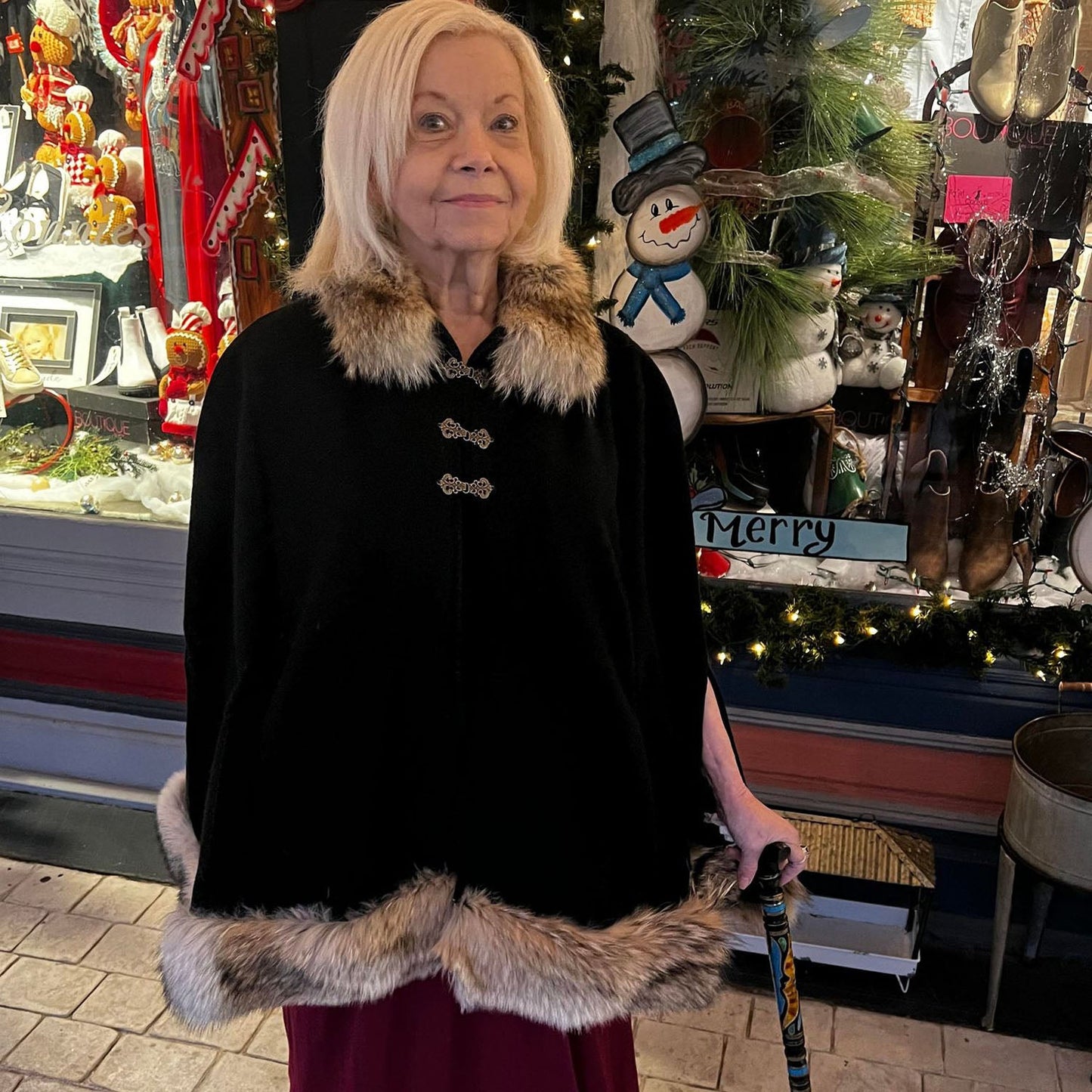 Woven Bison Cloth Cape with red fox collar and trim