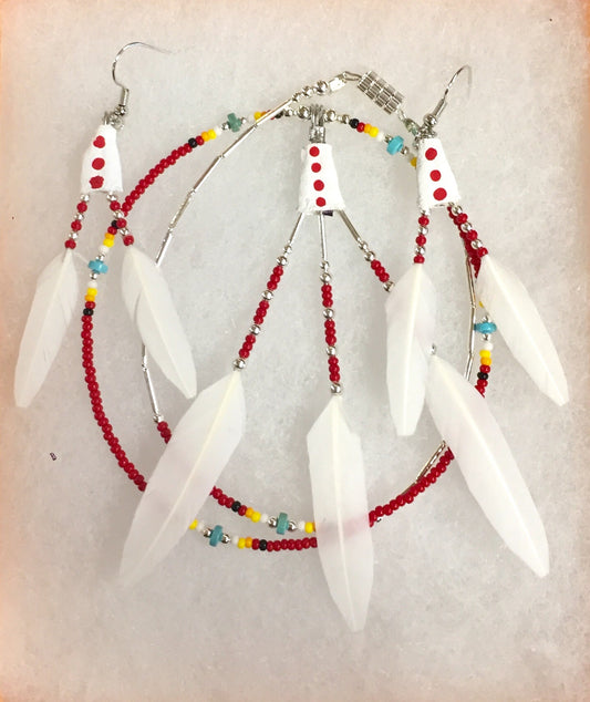 True Navajo Hand Made White Duck Feathers Beaded Necklace and Earrings Sets
