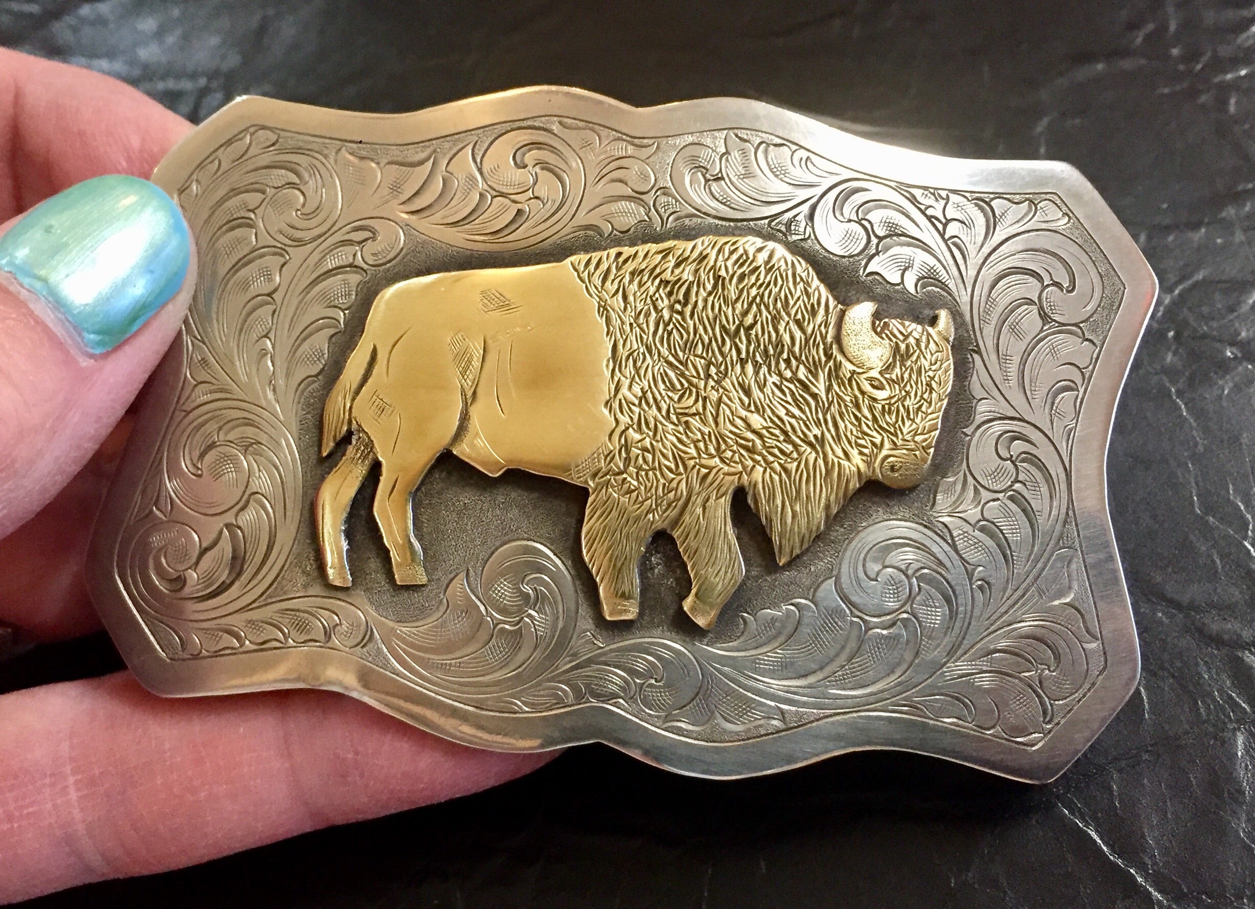 Silver Belt Buckle with Bison