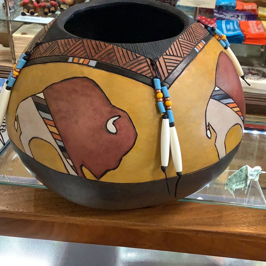 Carved Bison Art Gourd
