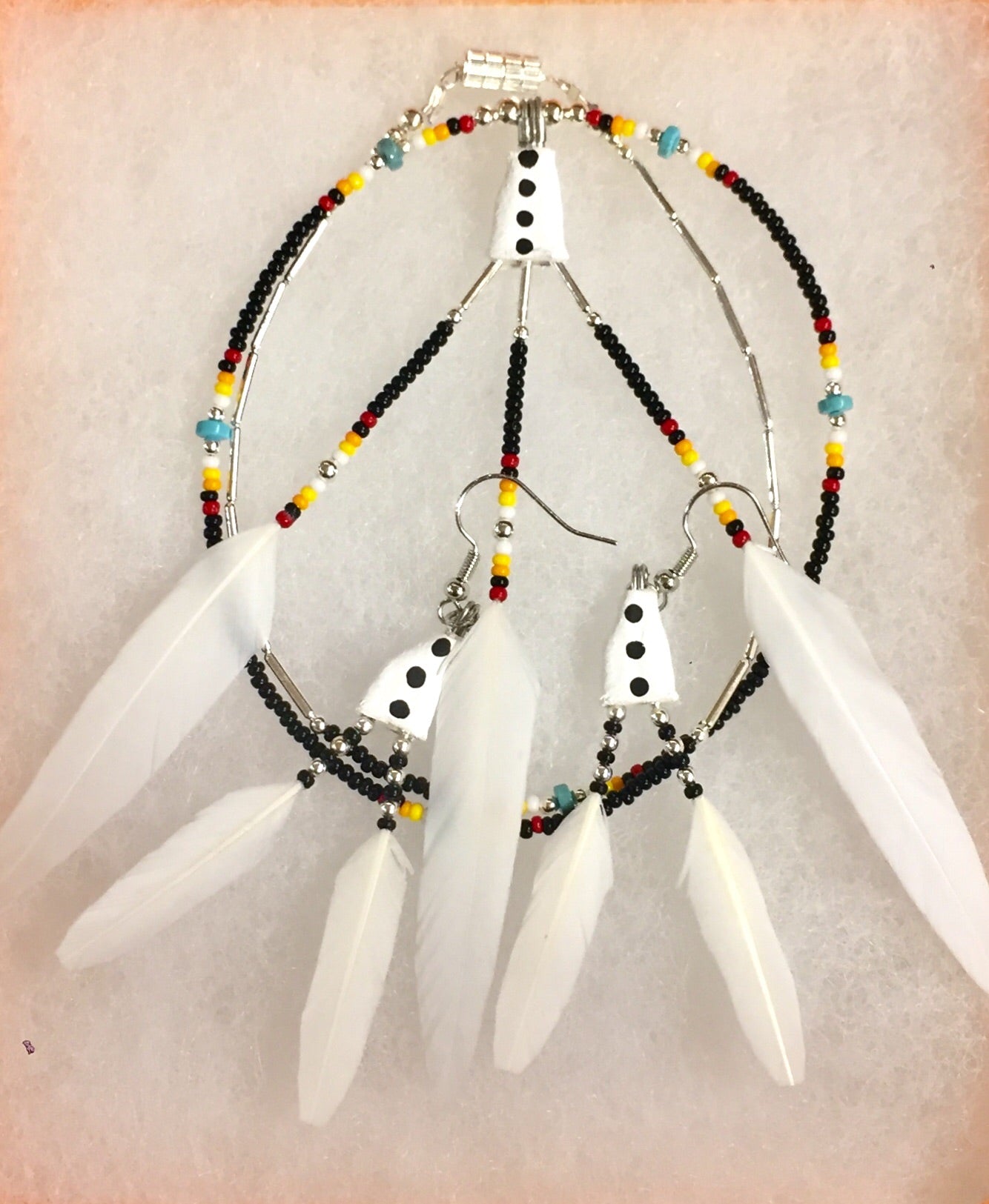True Navajo Hand Made White Duck Feathers Beaded Necklace and Earrings Sets