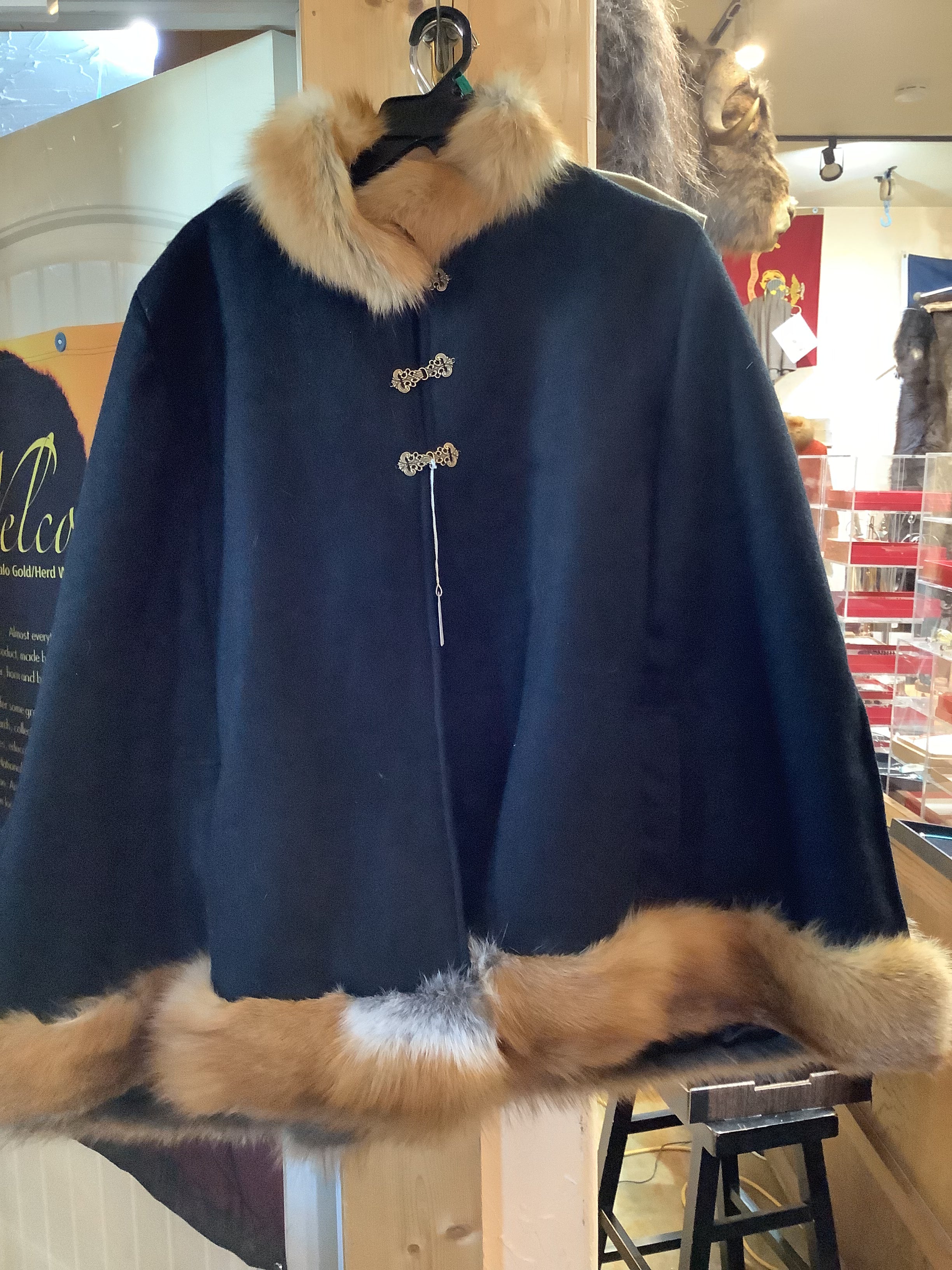 Woven Bison Cloth Cape with red fox collar and trim