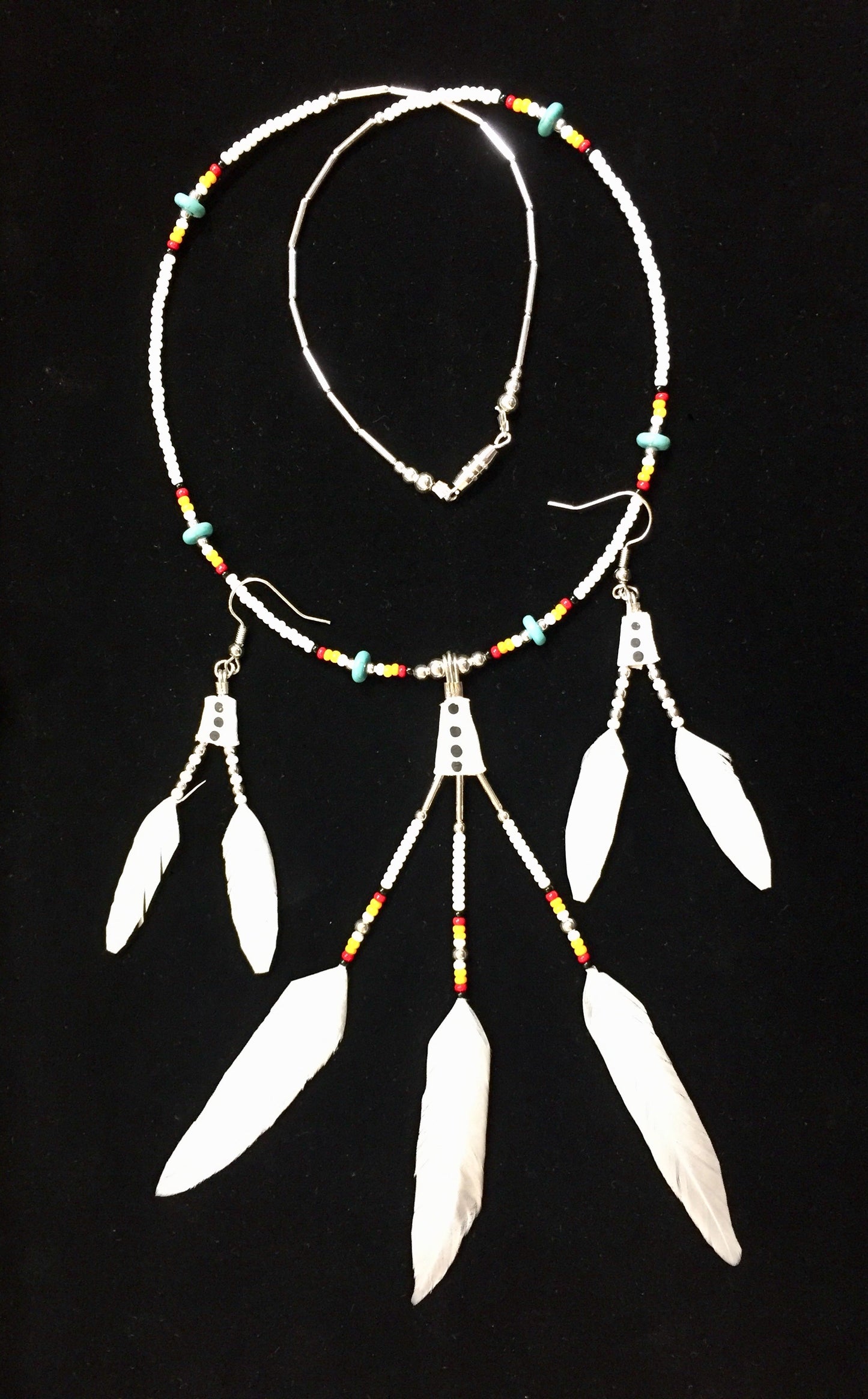True Navajo Hand Made White Duck Feathers Beaded Necklace and Earrings Sets