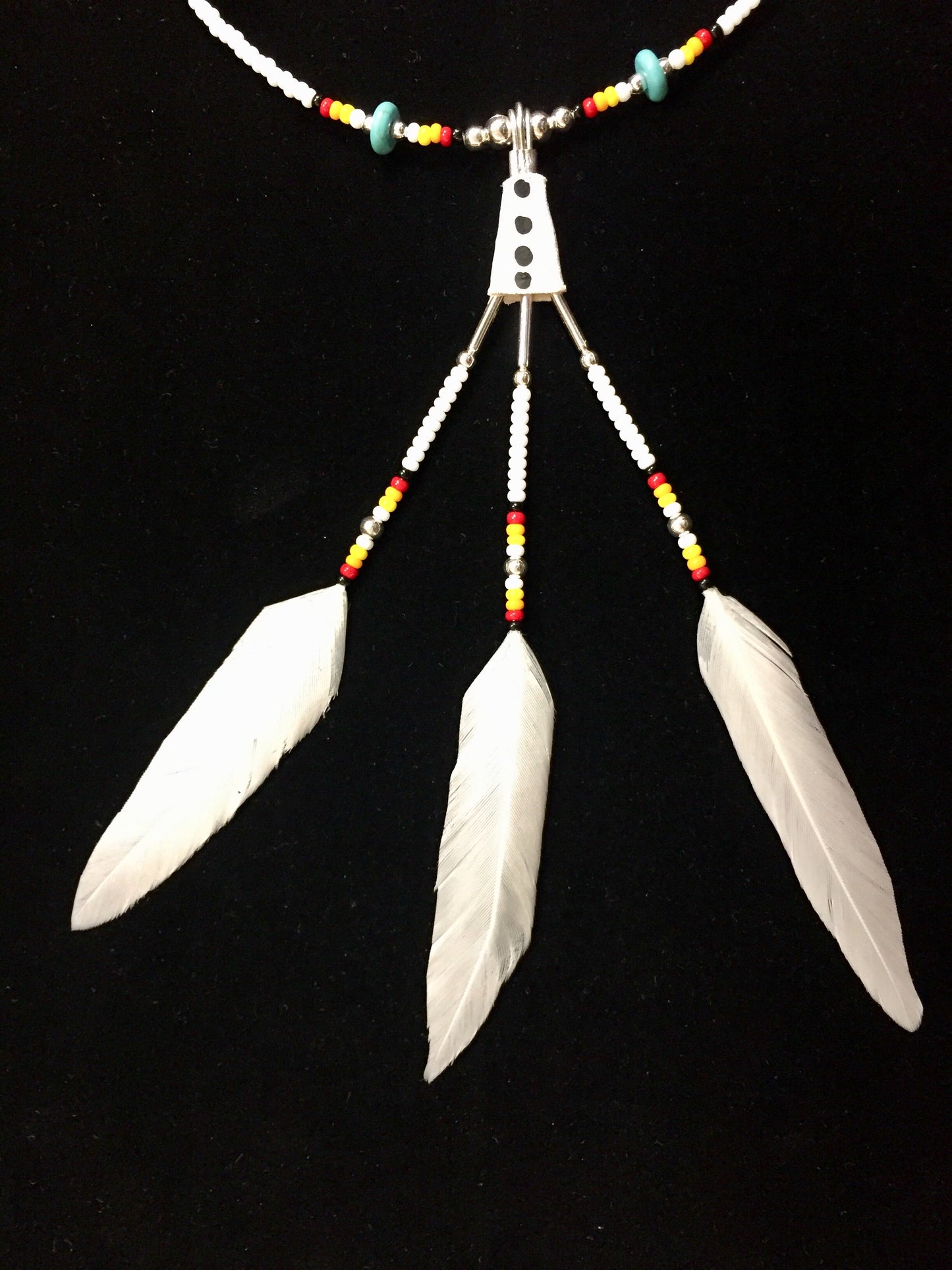 True Navajo Hand Made White Duck Feathers Beaded Necklace and Earrings Sets