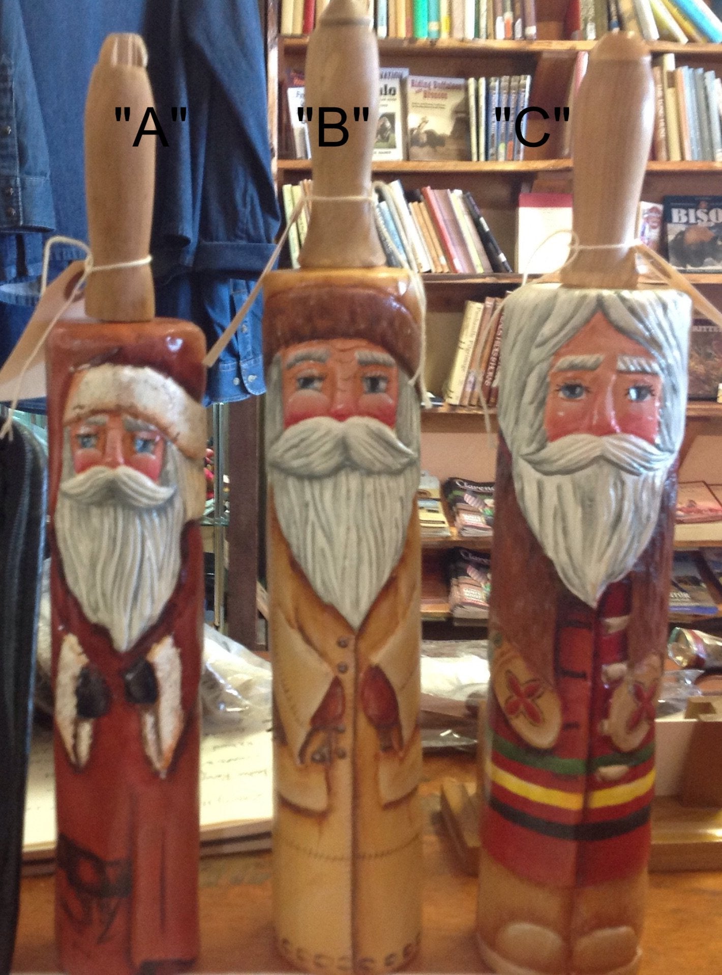 Buffalo Themed Santas ... Hand Carved Antique Rolling Pins from the Santa Smith Sisters of Amarillo, Texas