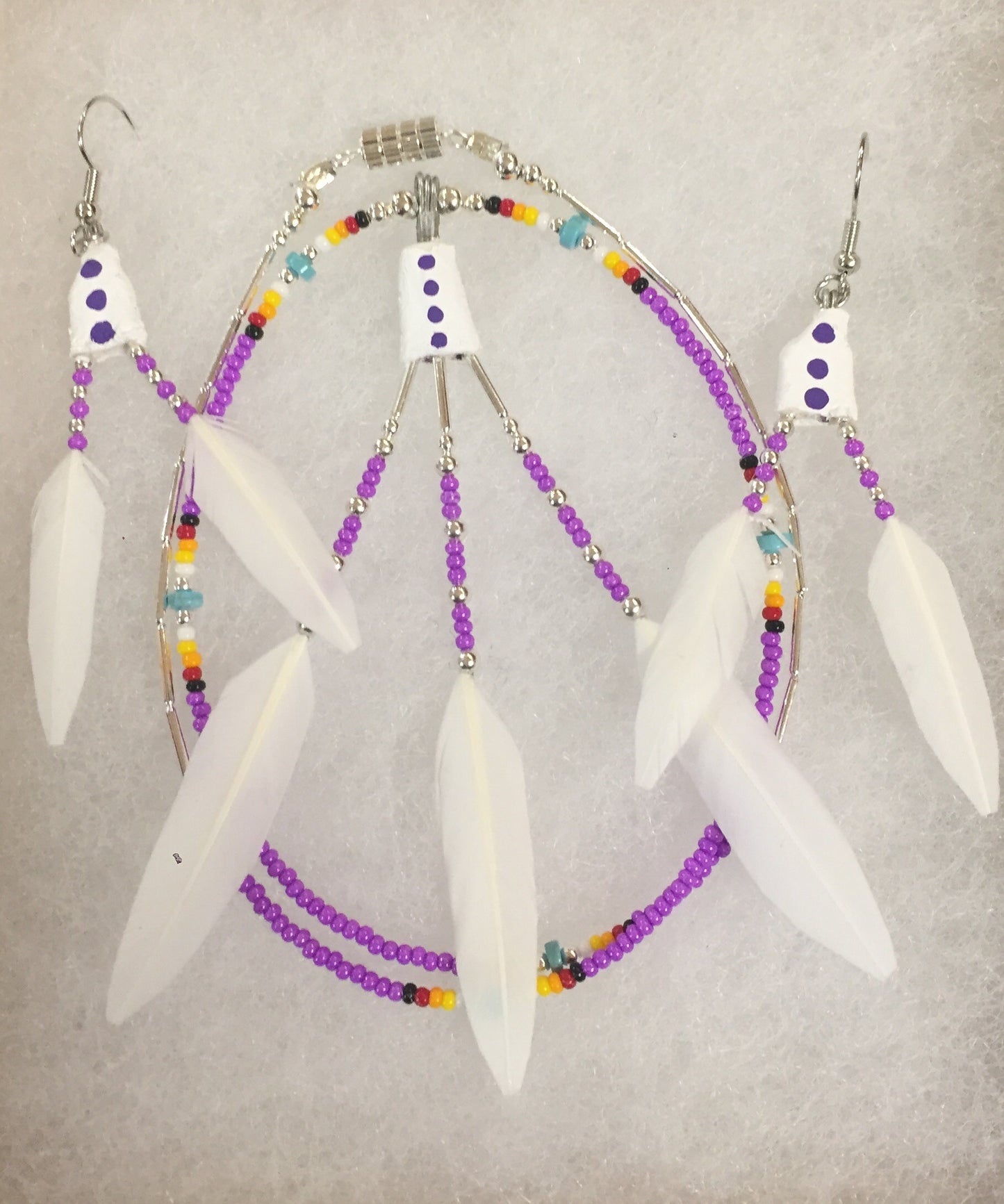 True Navajo Hand Made White Duck Feathers Beaded Necklace and Earrings Sets