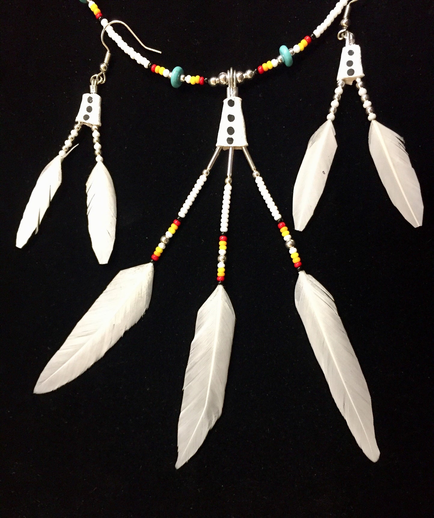 True Navajo Hand Made White Duck Feathers Beaded Necklace and Earrings Sets