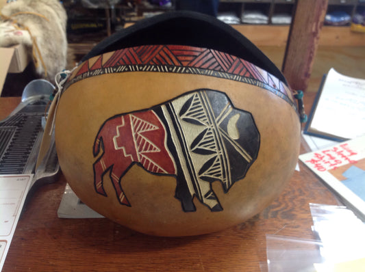 Carved Bison Art Gourd