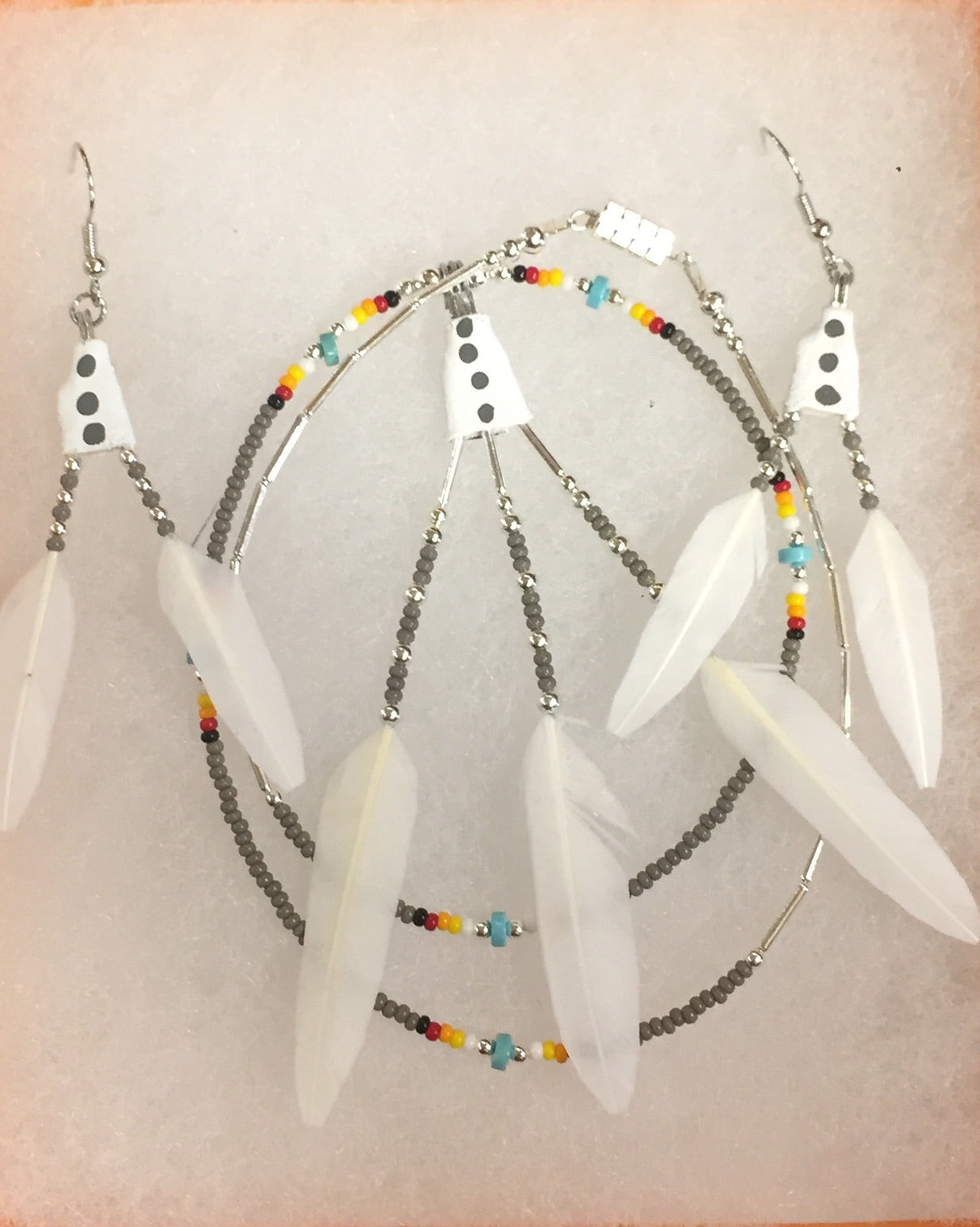 True Navajo Hand Made White Duck Feathers Beaded Necklace and Earrings Sets