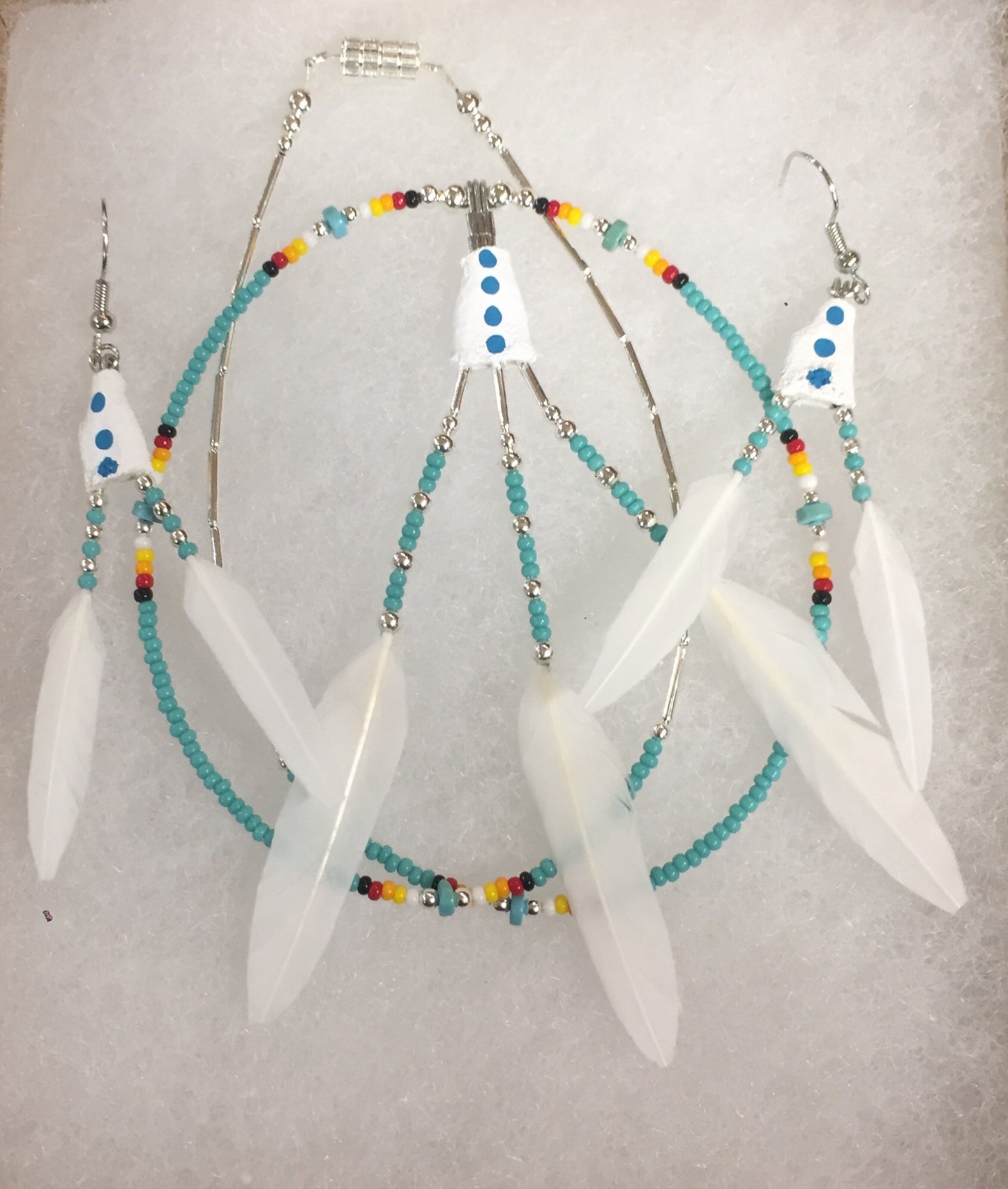 True Navajo Hand Made White Duck Feathers Beaded Necklace and Earrings Sets