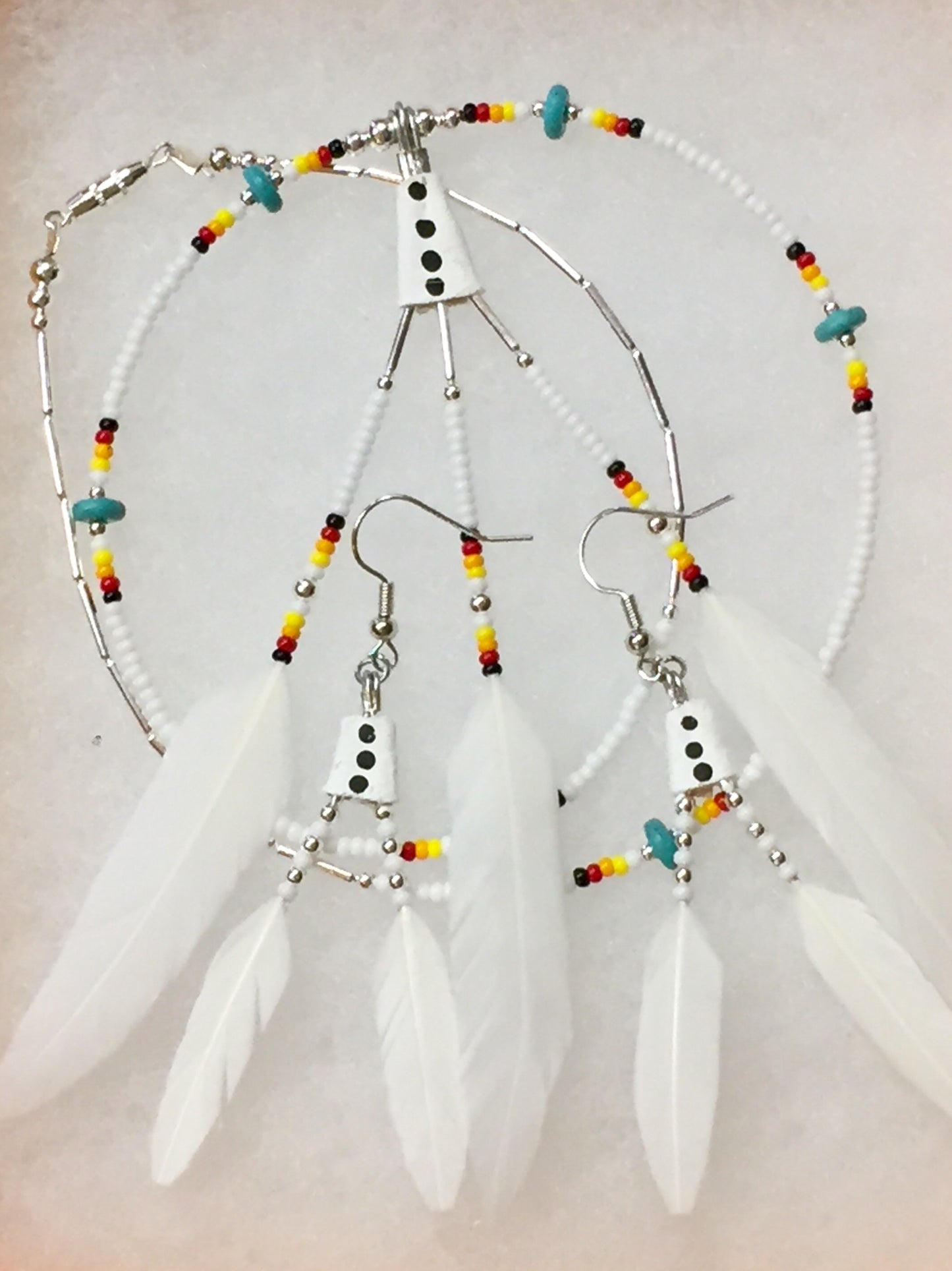 True Navajo Hand Made White Duck Feathers Beaded Necklace and Earrings Sets