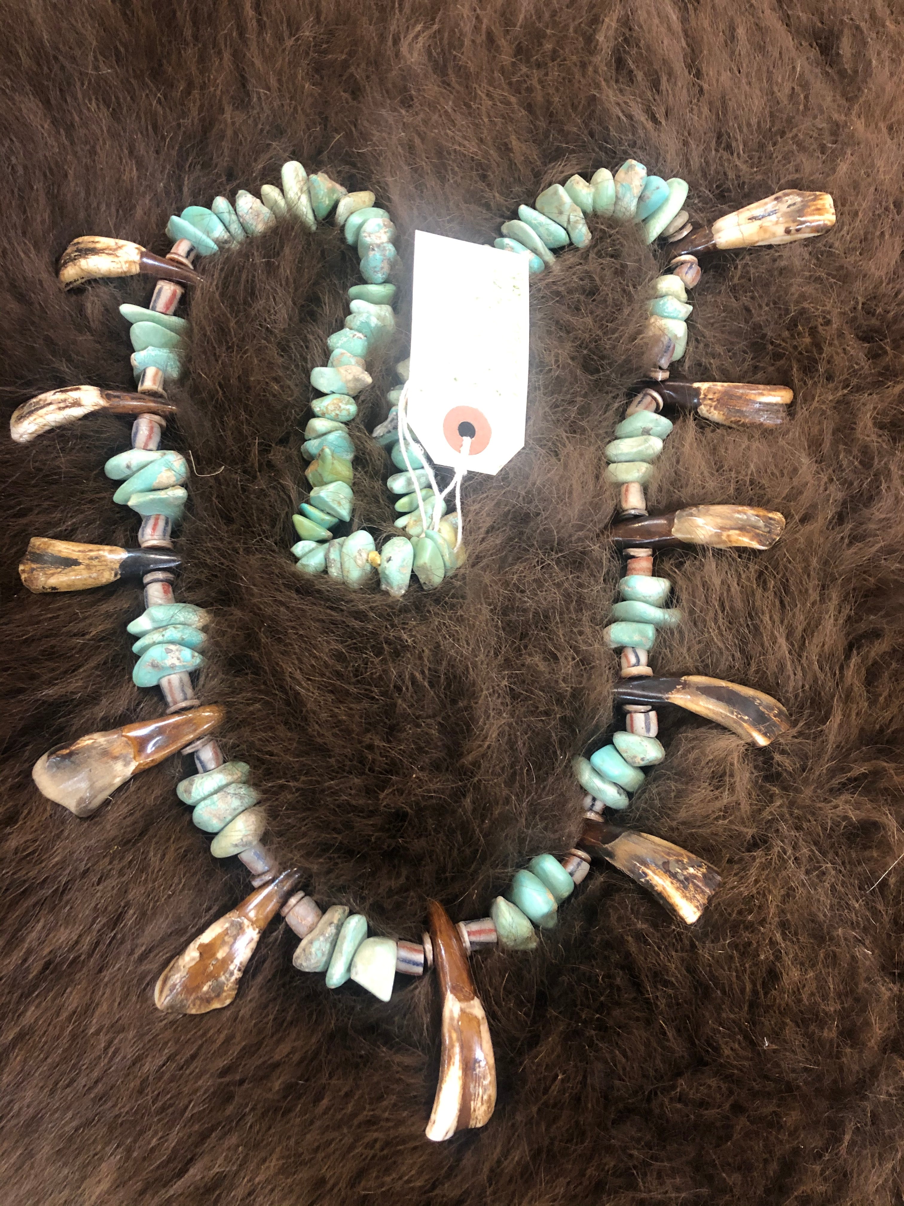 Wild Man (or Woman) Turquoise, trade bead, wampum bead and buffalo tooth necklace